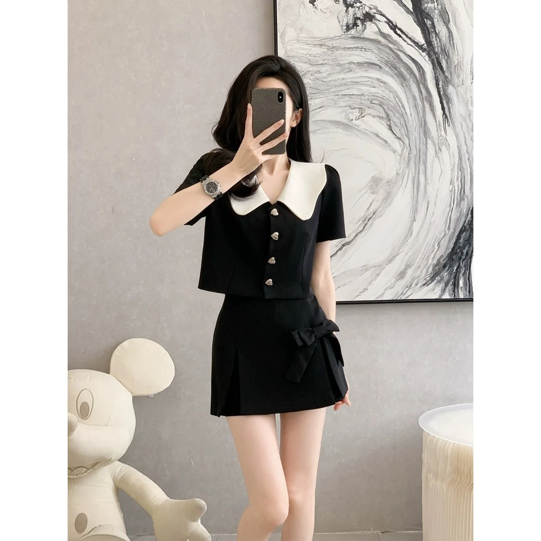 【两件套】小香风娃娃领时尚套装女通勤短款西装上衣高腰半裙D0841