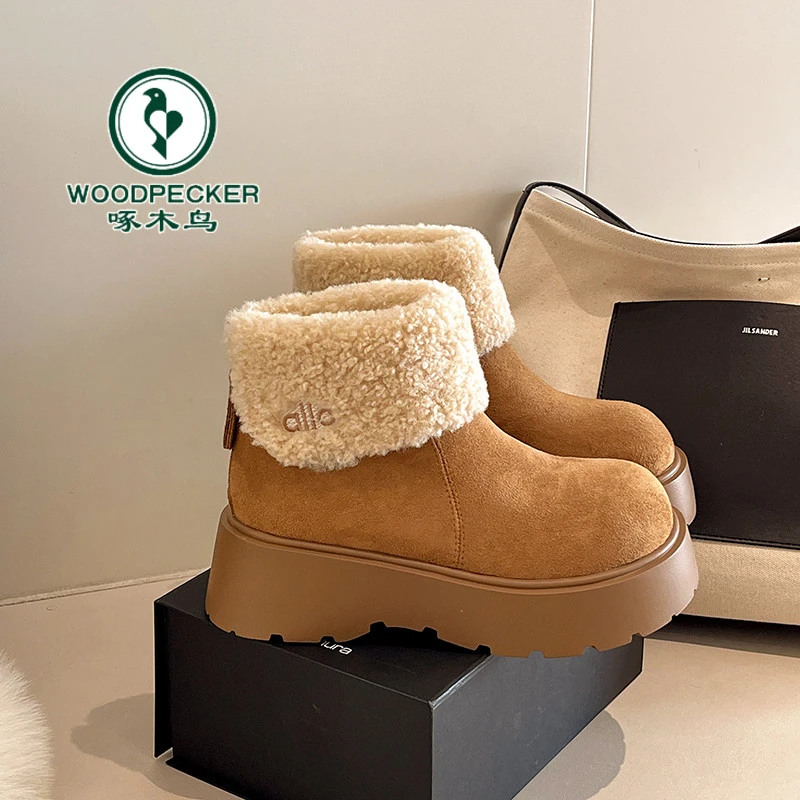啄木鸟厚底雪地靴女2025新款冬季加绒勃肯短靴增高保暖毛毛棉鞋子