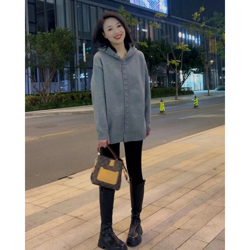 长袖连帽毛针织衫显瘦慵懒风冬季百搭加厚外穿灰色时尚开衫 24422
