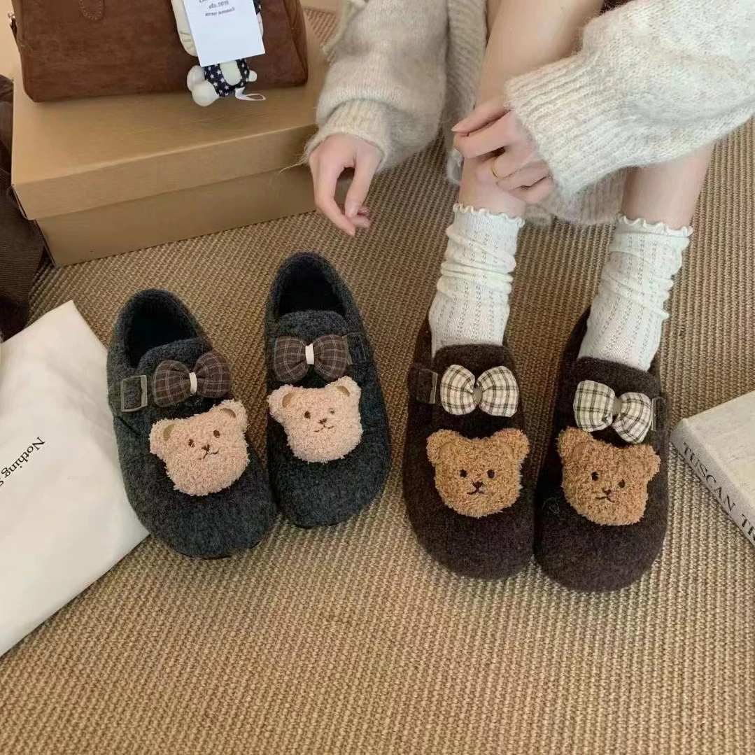 厚款一字式扣带卡通动漫豆豆鞋外穿软底冬季毛毛鞋包跟棉鞋女