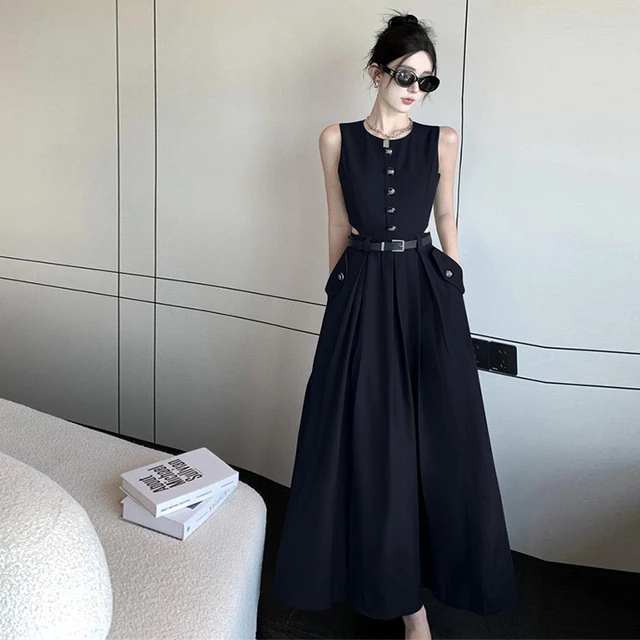 法式黑色无袖背心连衣裙女夏赫本风气质垂坠感长款收腰到脚踝裙子