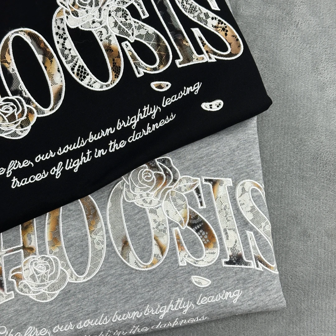 W8火烧蕾丝  圆领短袖美式轻奢潮流 男女同款