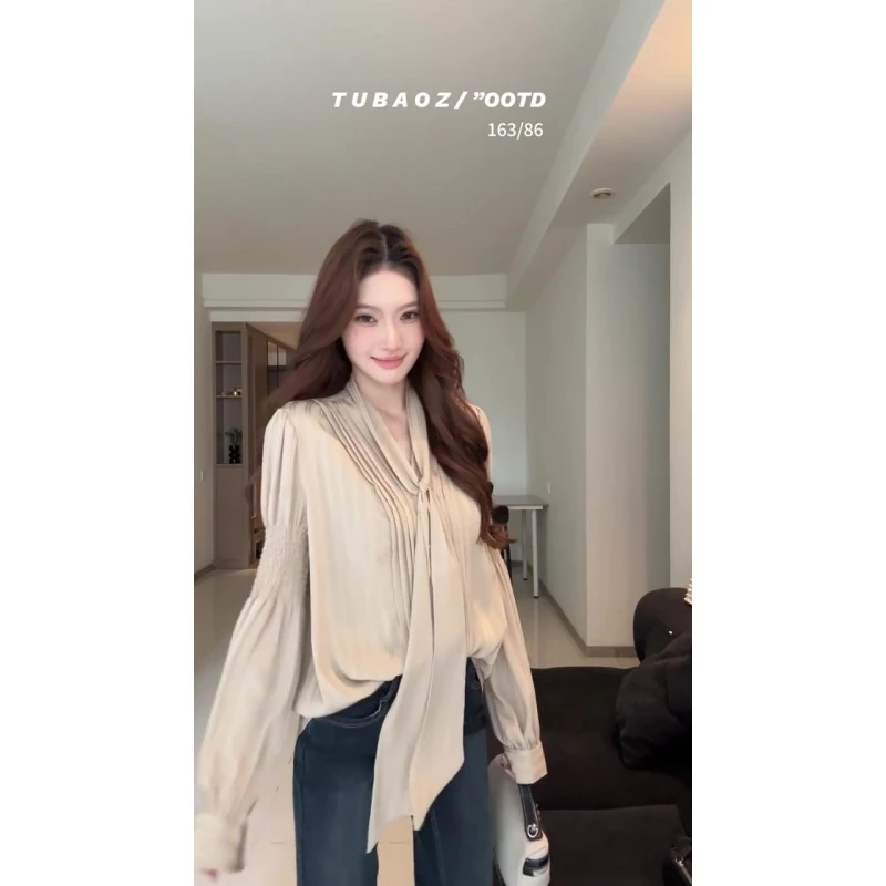小众设计感飘带气质V领衬衫女装秋季别致宽松长袖衬衣高级感上衣
