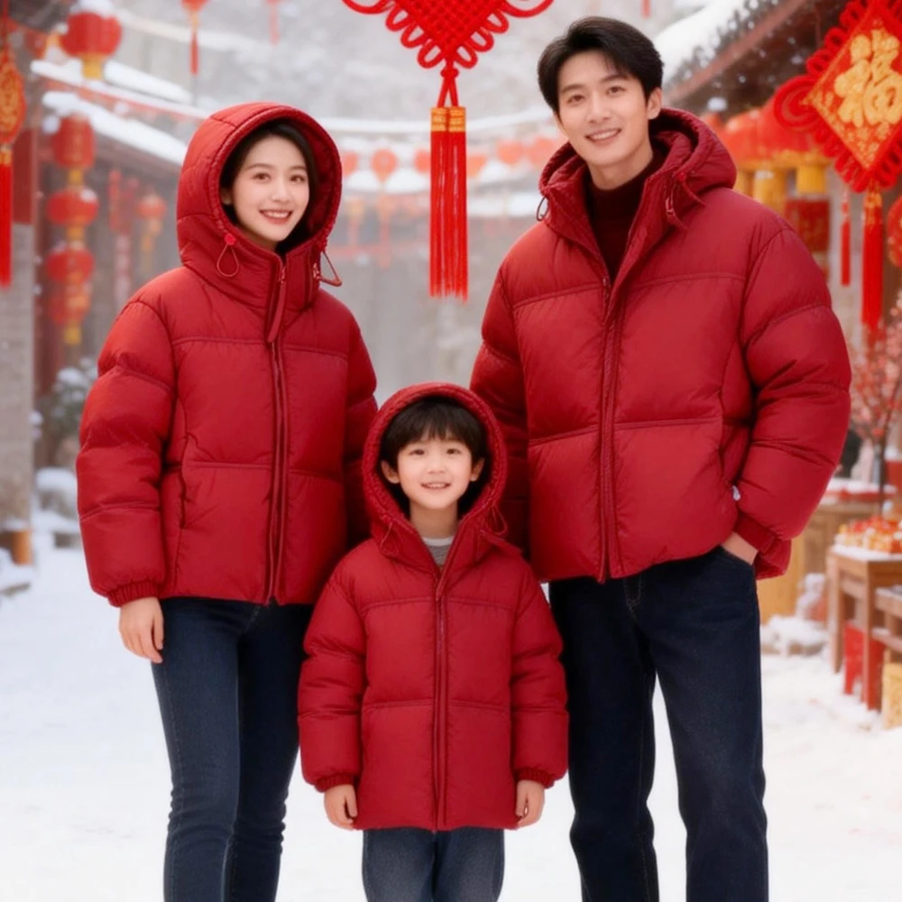 迪士尼年服羽绒服冬季儿童装加厚红色宽松连帽中大童亲子面包服