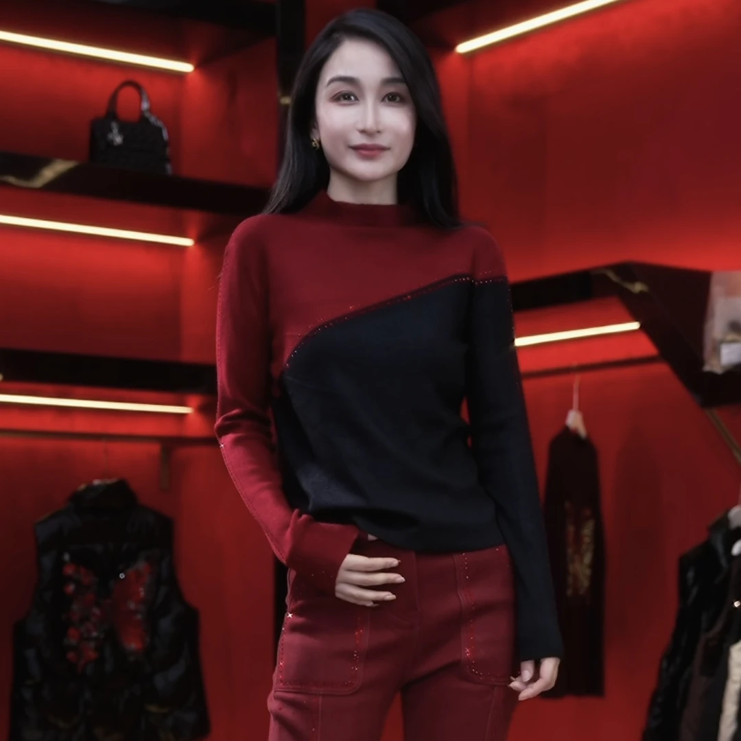 冬季新款设计师款撞色亮钻修身显瘦打底衫A500