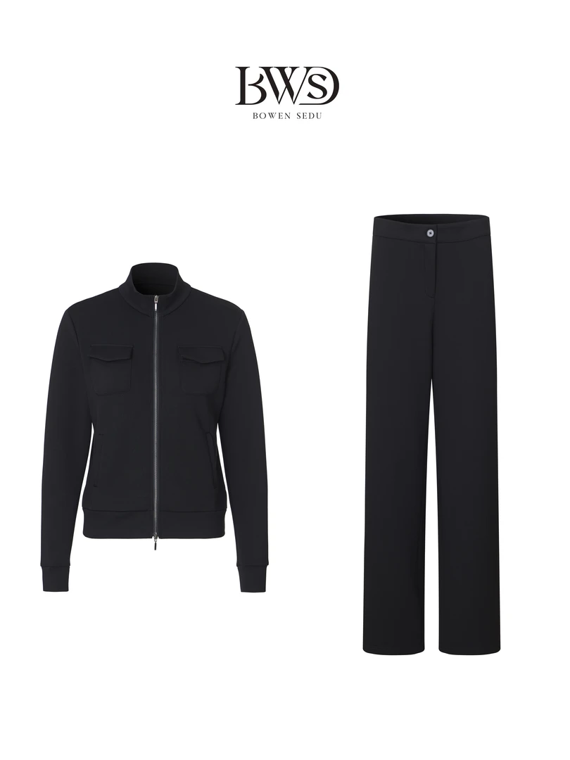 BOWEN Iuu风（莫代尔丝绒感）时尚简约长袖黑色套装