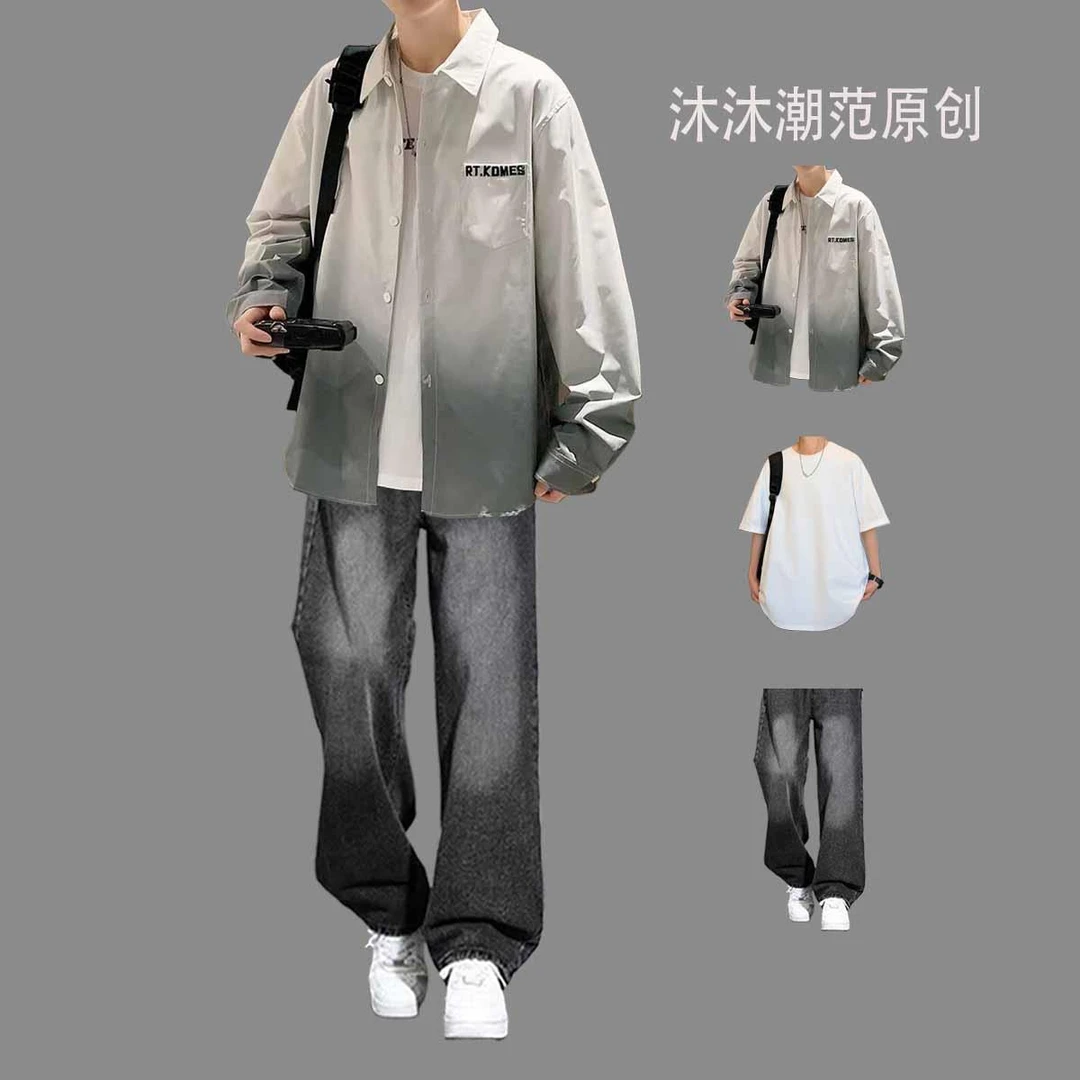 ins日系春款休闲套装男工装衬衫潮牌一套帅气搭配三件套宽松衣服