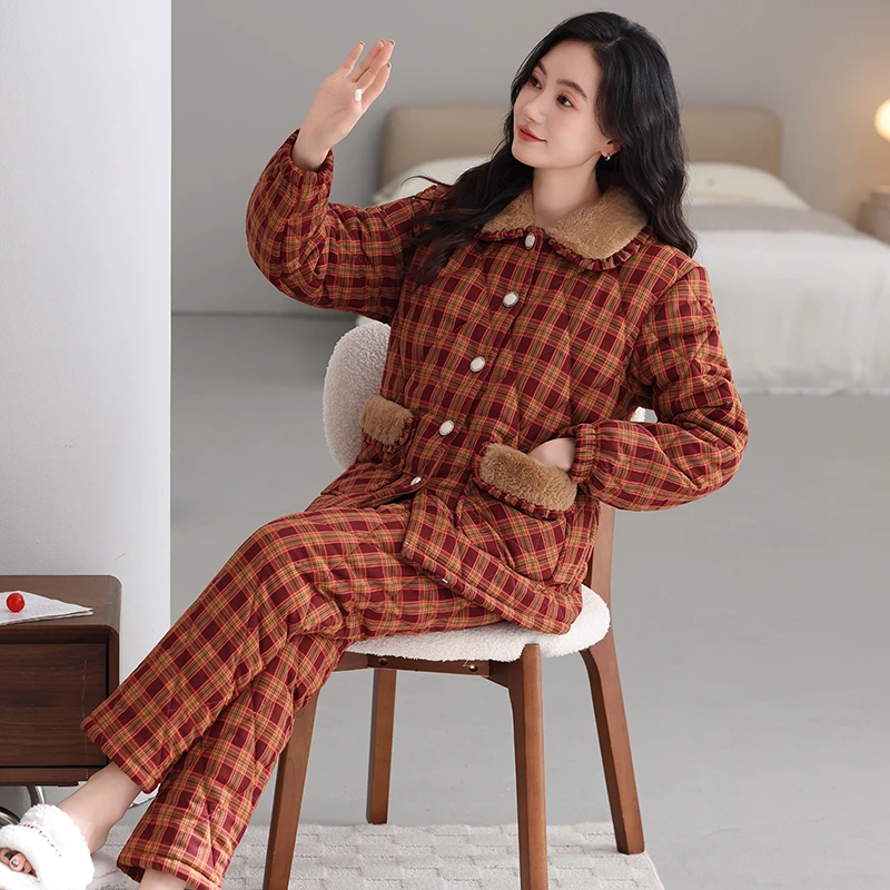 睡衣女款冬季三层加厚梭织夹棉2025新款秋冬格子珊瑚绒大码家居服