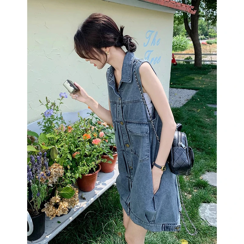 无袖牛仔连衣裙女夏季美式复古小众不撞款韩系chic别致穿搭背心裙