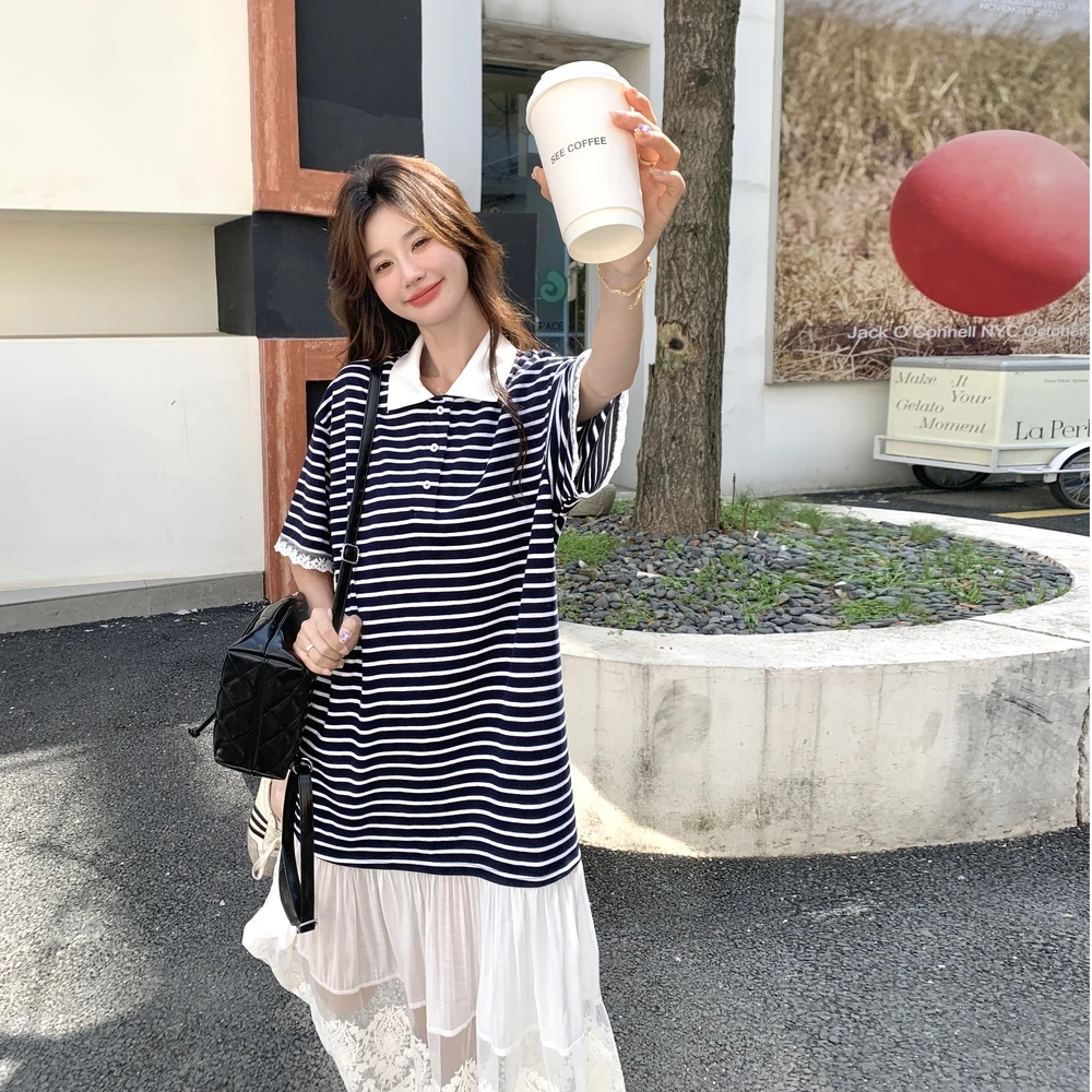 韩系学院风蕾丝网纱拼接连衣裙女2025夏新款设计感Polo领条纹长裙