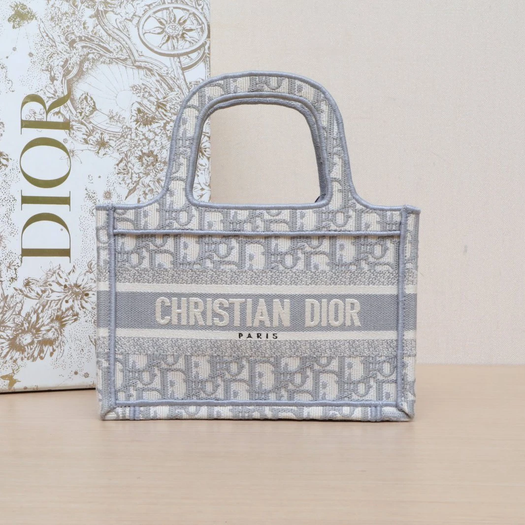 99新 DIOR/迪奥 积分小花JerryBook Tote 迷你灰色 帆布
