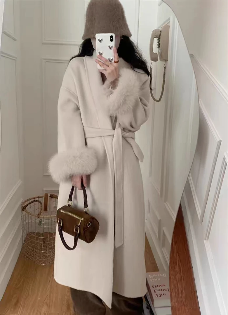 青果领插肩袖狐狸毛袖口双面羊绒大衣澳毛羊驼绒大衣中长宽松收腰