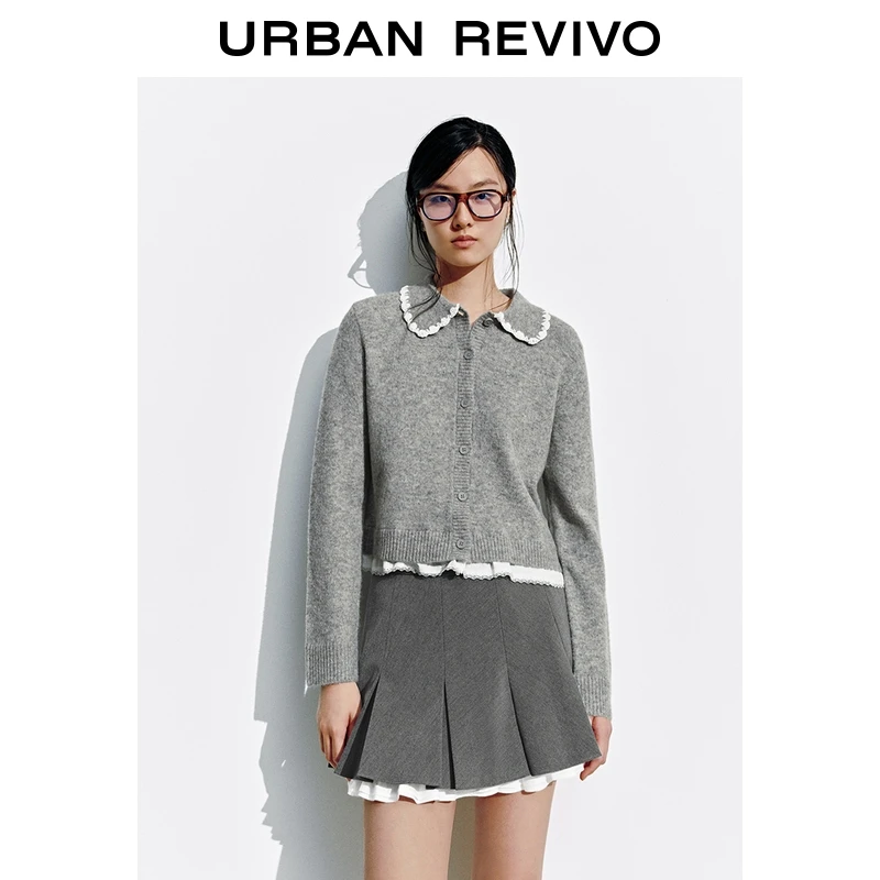 UR2025冬季新款女装休闲撞色钩花拼接下摆针织开衫UYL950246