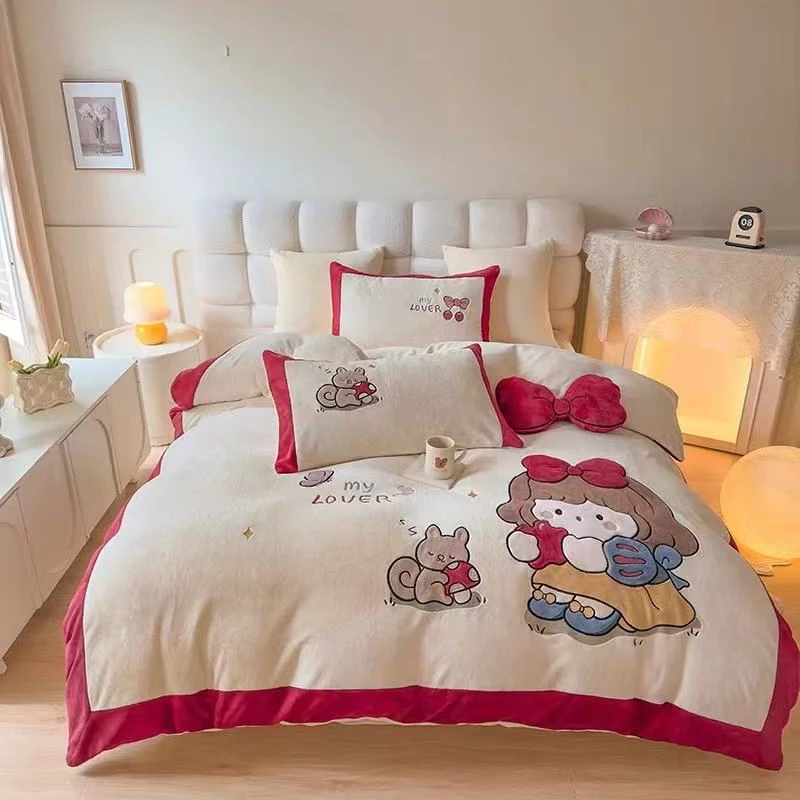 【暖冬新品】设计师款加厚刺绣保暖牛奶绒四件套-可爱公主