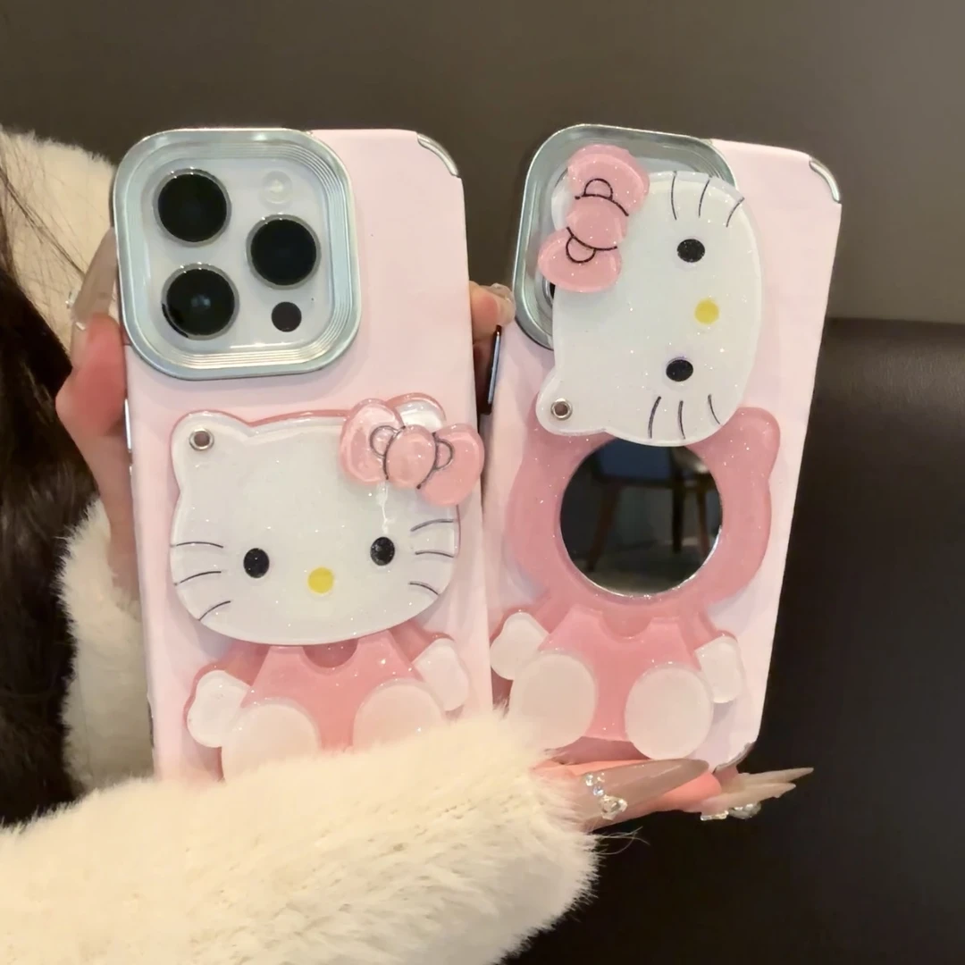 日韩kitty补妆镜适用iPhone16苹果13/15/11雪山纹手机壳14新款12