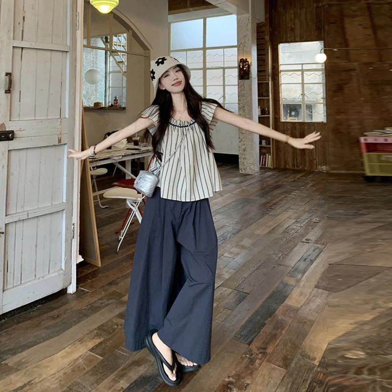 小清新森系条纹飞飞袖无袖衬衫女夏慵懒松弛感甜美上衣娃娃衫套装