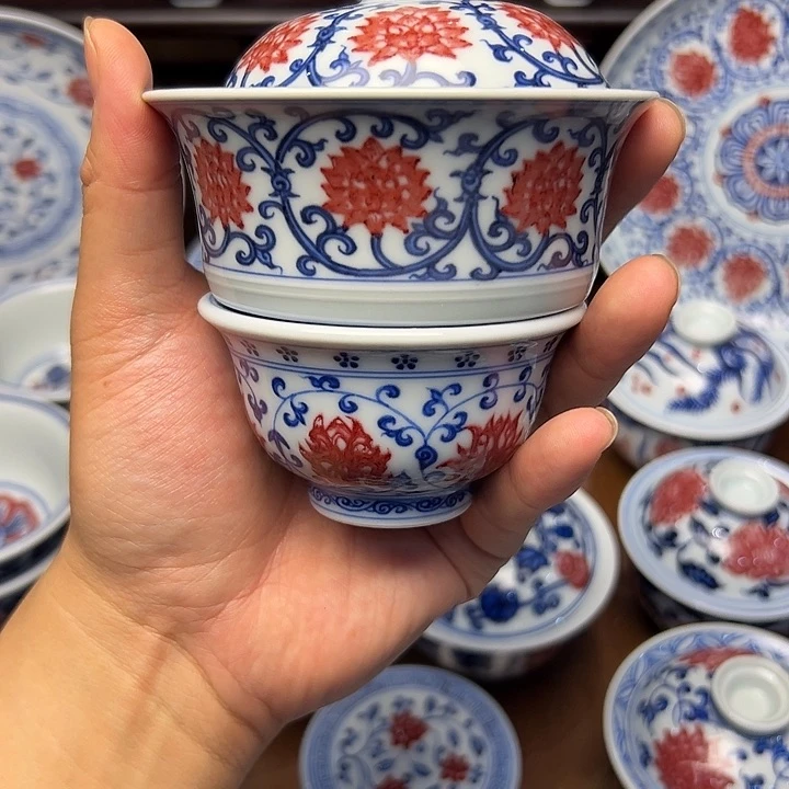 盖碗y****e青花釉里红马蹄压手组合