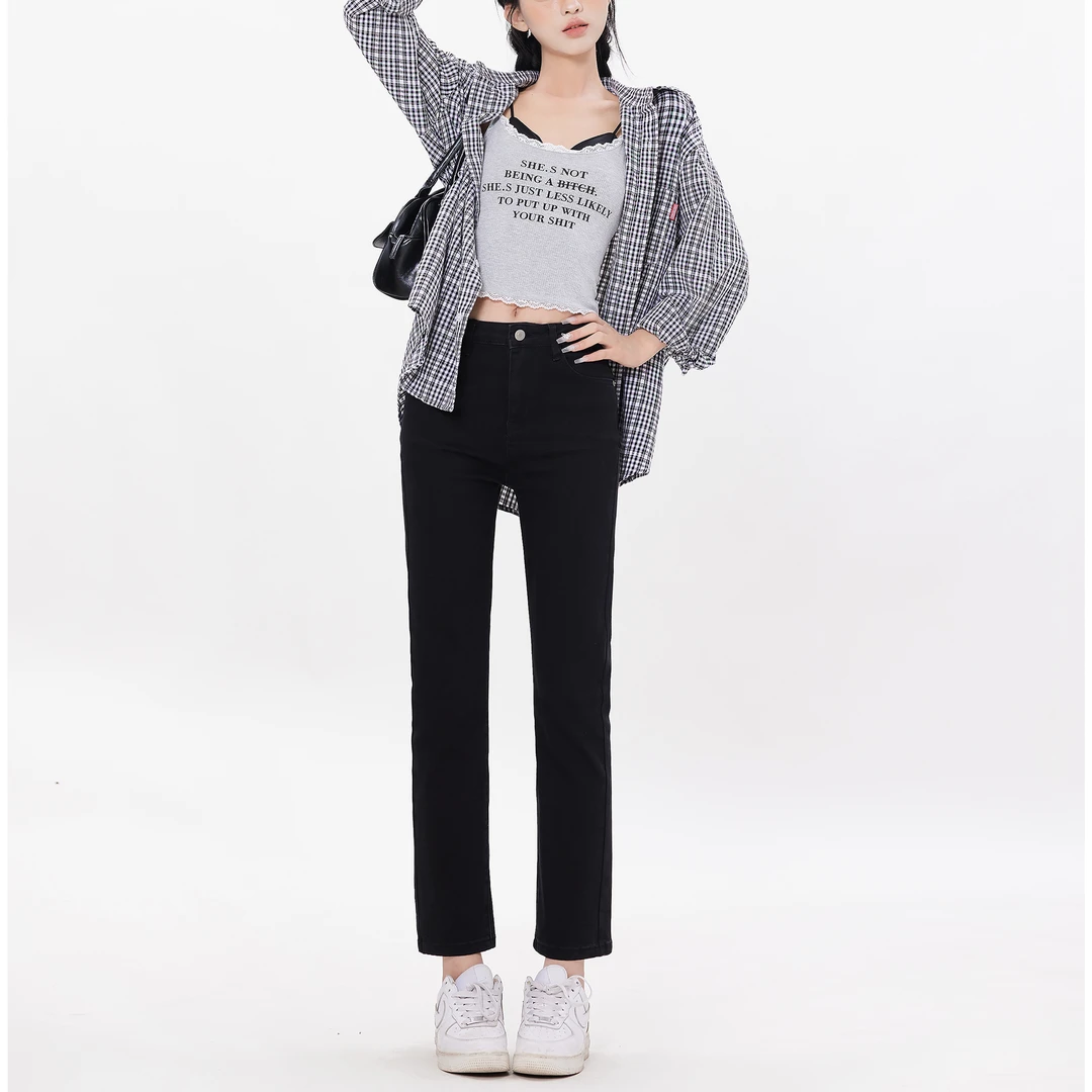 温姗韩版中低腰弹力小个子牛仔裤女秋冬修身显瘦百搭九分直筒裤