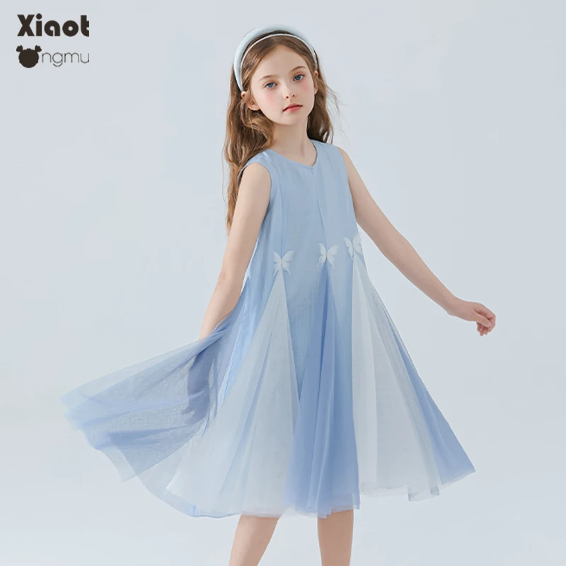 小童木 清爽渐变蓝女童连衣裙夏季新款网纱公主裙儿童海边度假裙