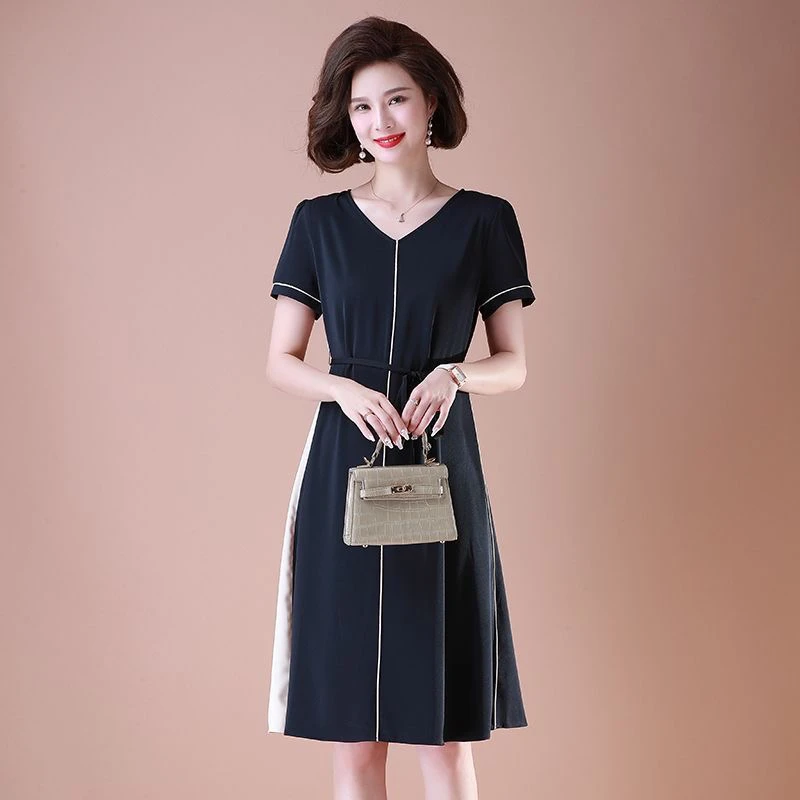 F051 夏季薄款短袖中长款连衣裙显瘦中老年洋气女装收腰气质裙子