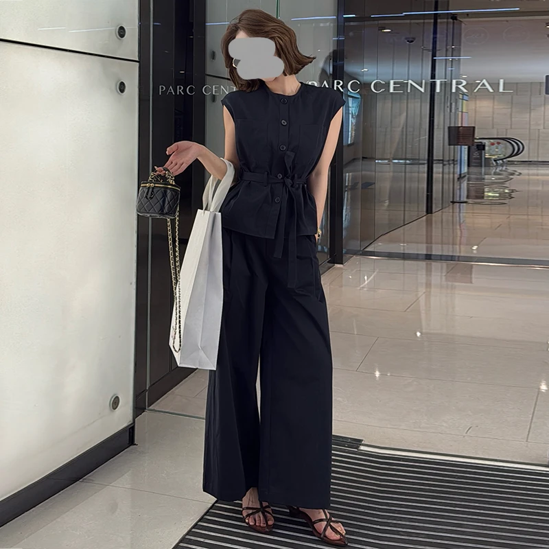 时尚休闲套装女2025夏季新款气质显瘦设计感上衣高腰阔腿裤两件套