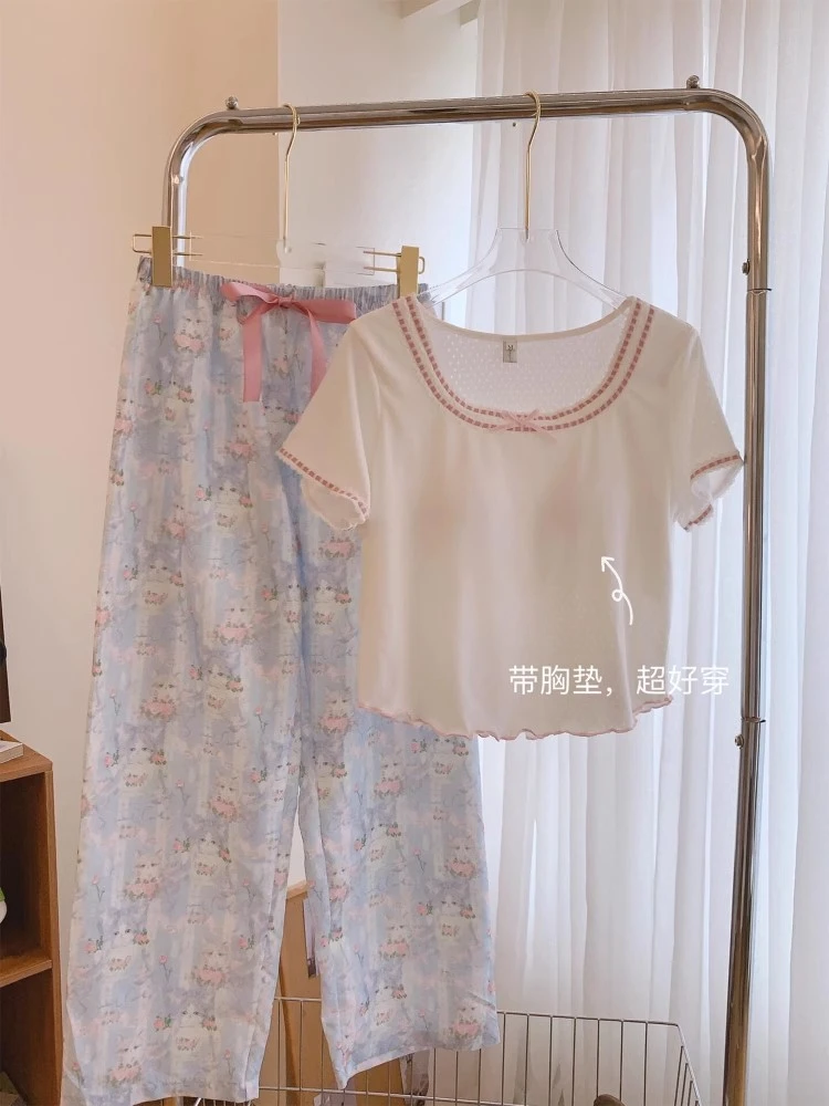 【少女风】甜美带胸垫睡衣女2025夏季新款印花长裤家居服套装可外穿