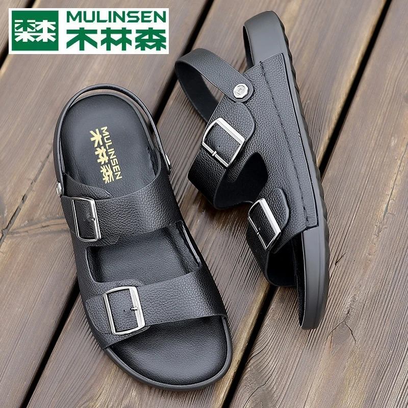 木林森头层牛皮夏季新款韩版休闲透气套脚沙滩凉鞋男鞋潮流露趾
