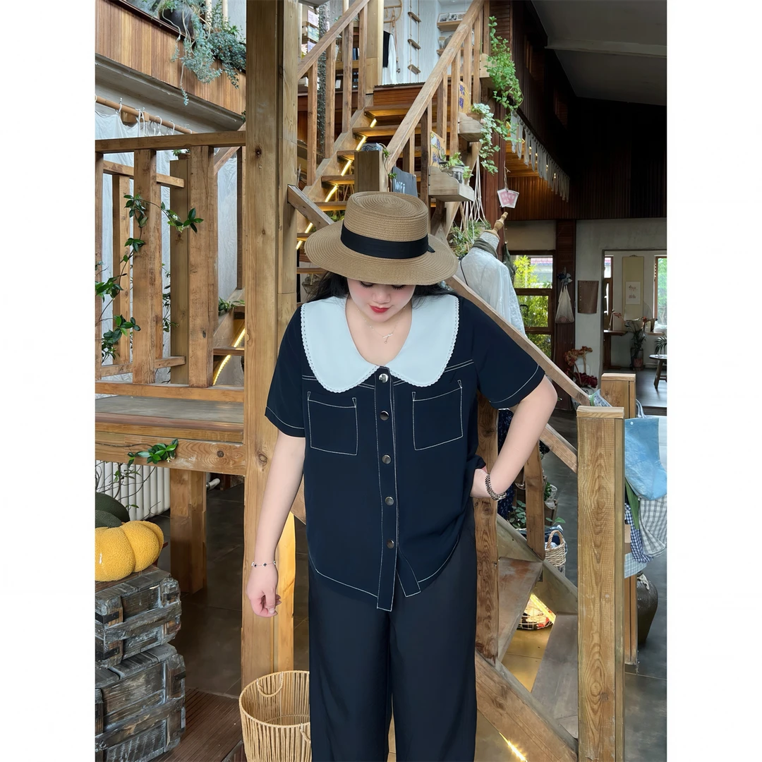 香柠浮岛 / 韩风撞色娃娃领拼接衬衫15012花契大码200斤胖mm百搭