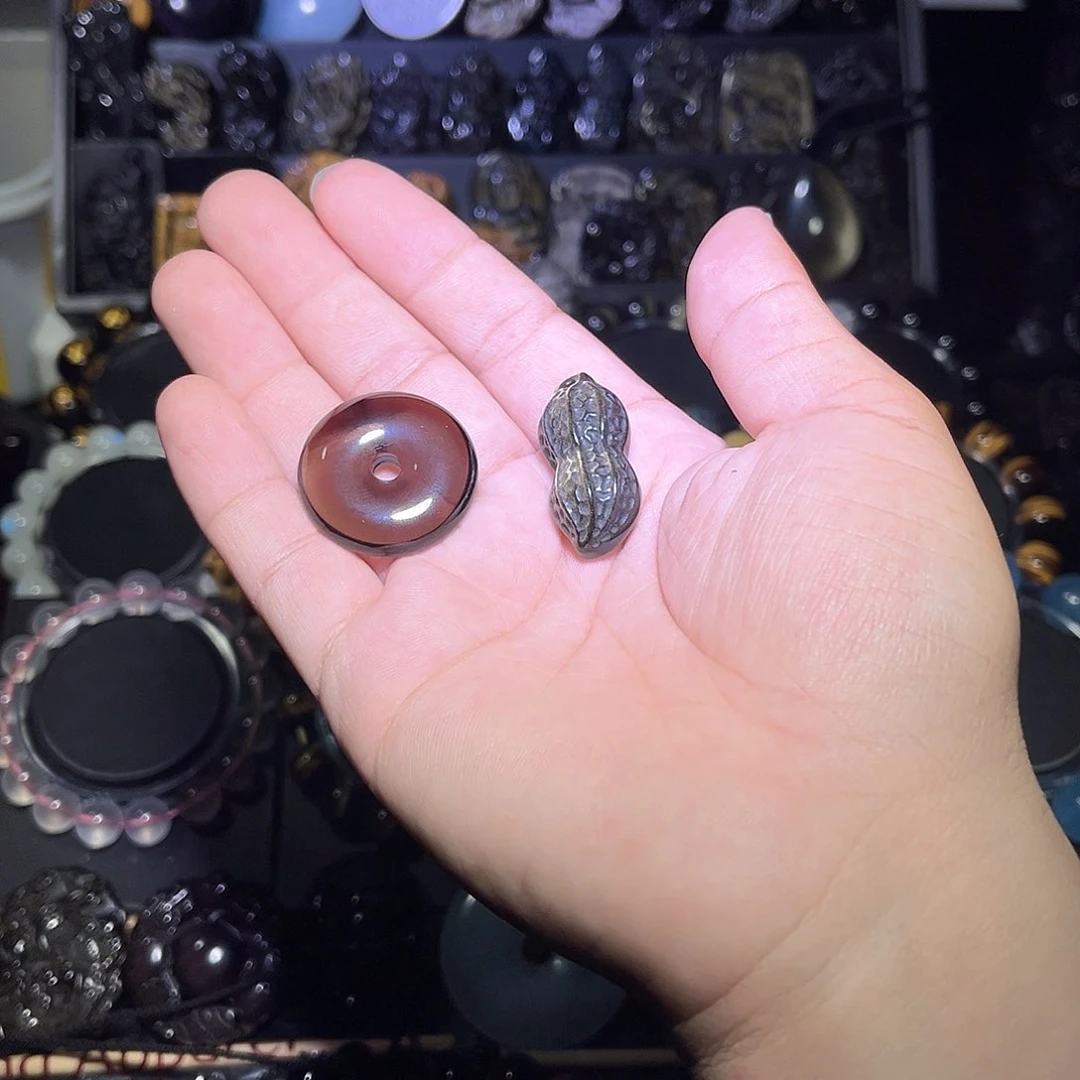 黑曜岩未镶嵌手链阿*丶金曜石花生吊坠冰曜石平安扣各一个