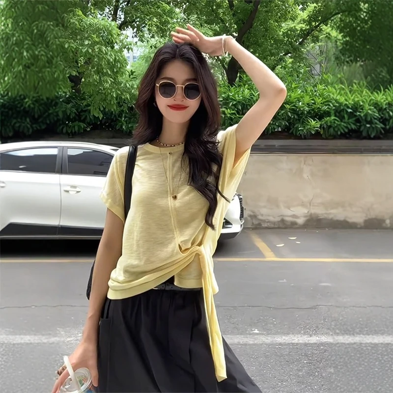 设计感小众黄色竹节棉针织短袖正肩t恤女夏圆领修身掐腰飘带上衣