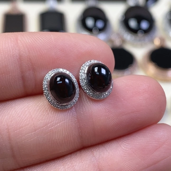 翡翠耳饰18K金镶嵌缅甸天然翡翠墨翠