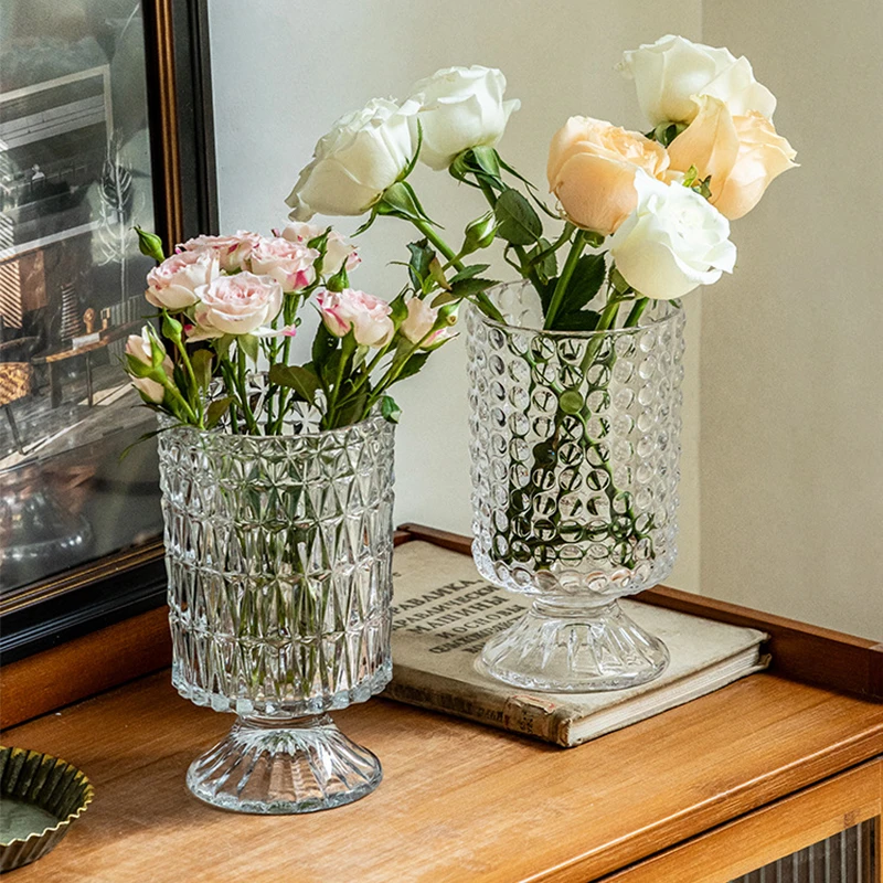新疆包邮哥欧式透明钻石浮雕玻璃花瓶高脚透明花器家居装饰摆件