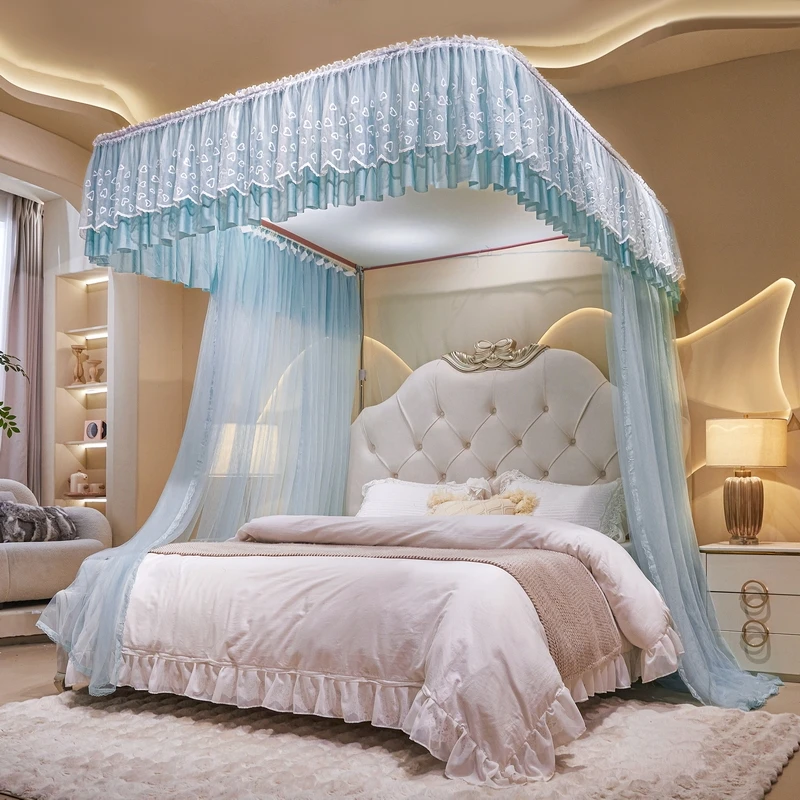 家用卧室加厚加粗绣花加柔加密铝合金接口高度可调节导轨蚊帐夏