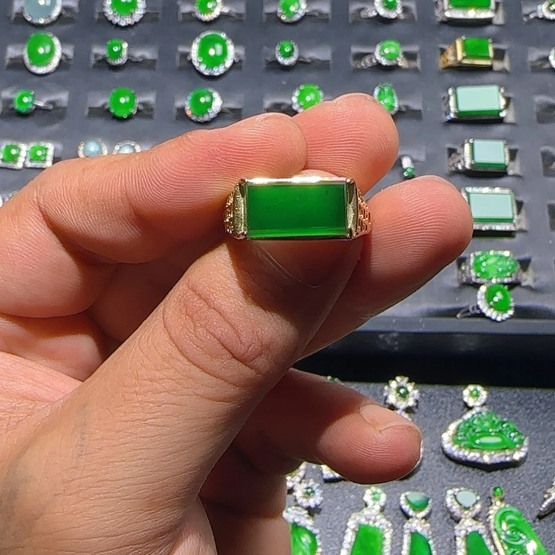 翡翠银S925镀金镶嵌戒指