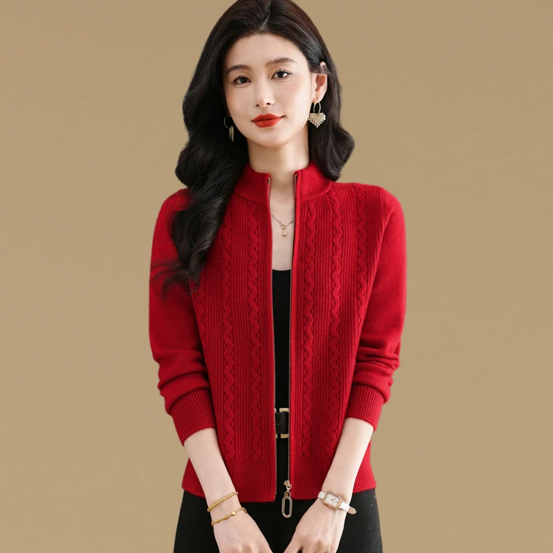 高端立领针织衫女开衫2025年秋冬新款拉链洋气短外套宽松毛衣外搭