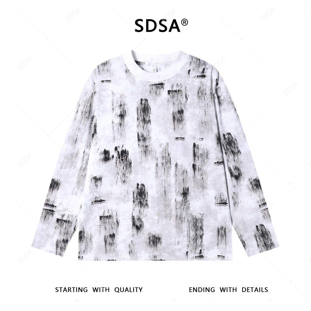 SDSA男士2025新款轻奢痞帅男装撞色印花简约圆领长袖T恤百搭时尚