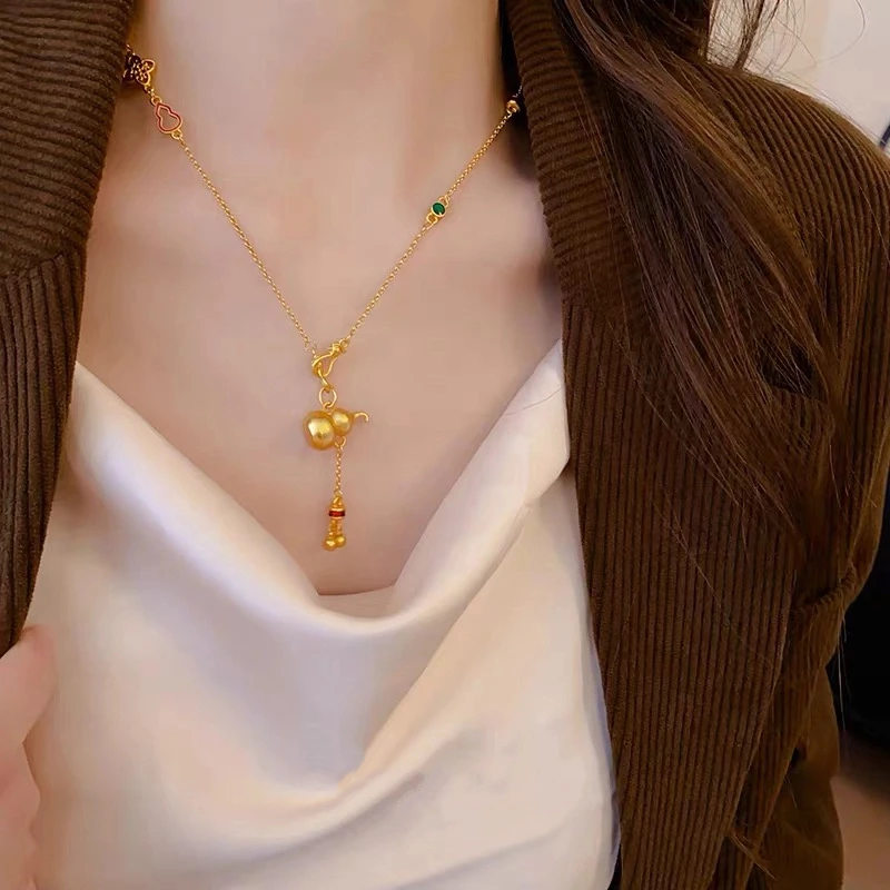 铜合金项链 新中式福禄铃铛葫芦项链轻奢小众高级流苏双钩链吊坠父亲节礼物