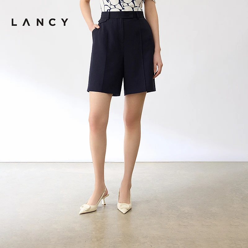 LANCY/朗姿2024夏季新款高腰直筒薄款醋酸西装裤通勤高级感短裤女