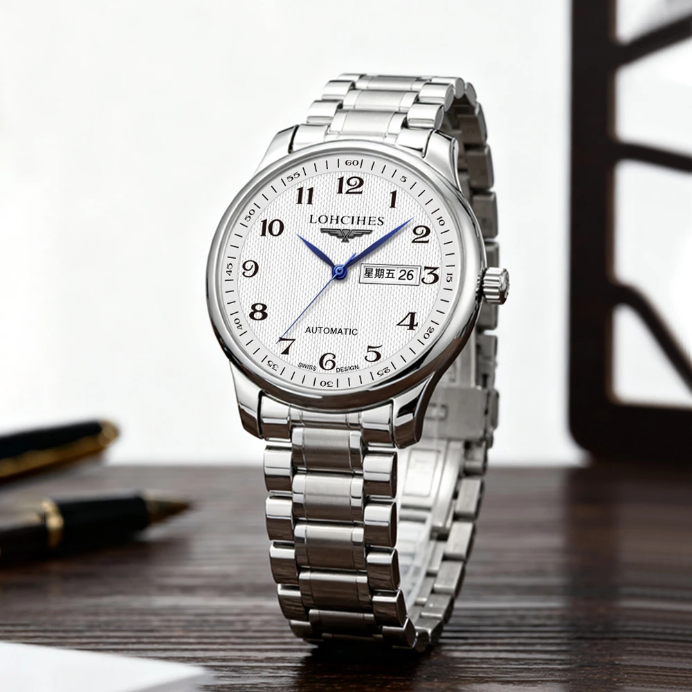 经典系列实芯钢带蝴蝶扣双日历全自动防水夜光男士高档轻奢腕表