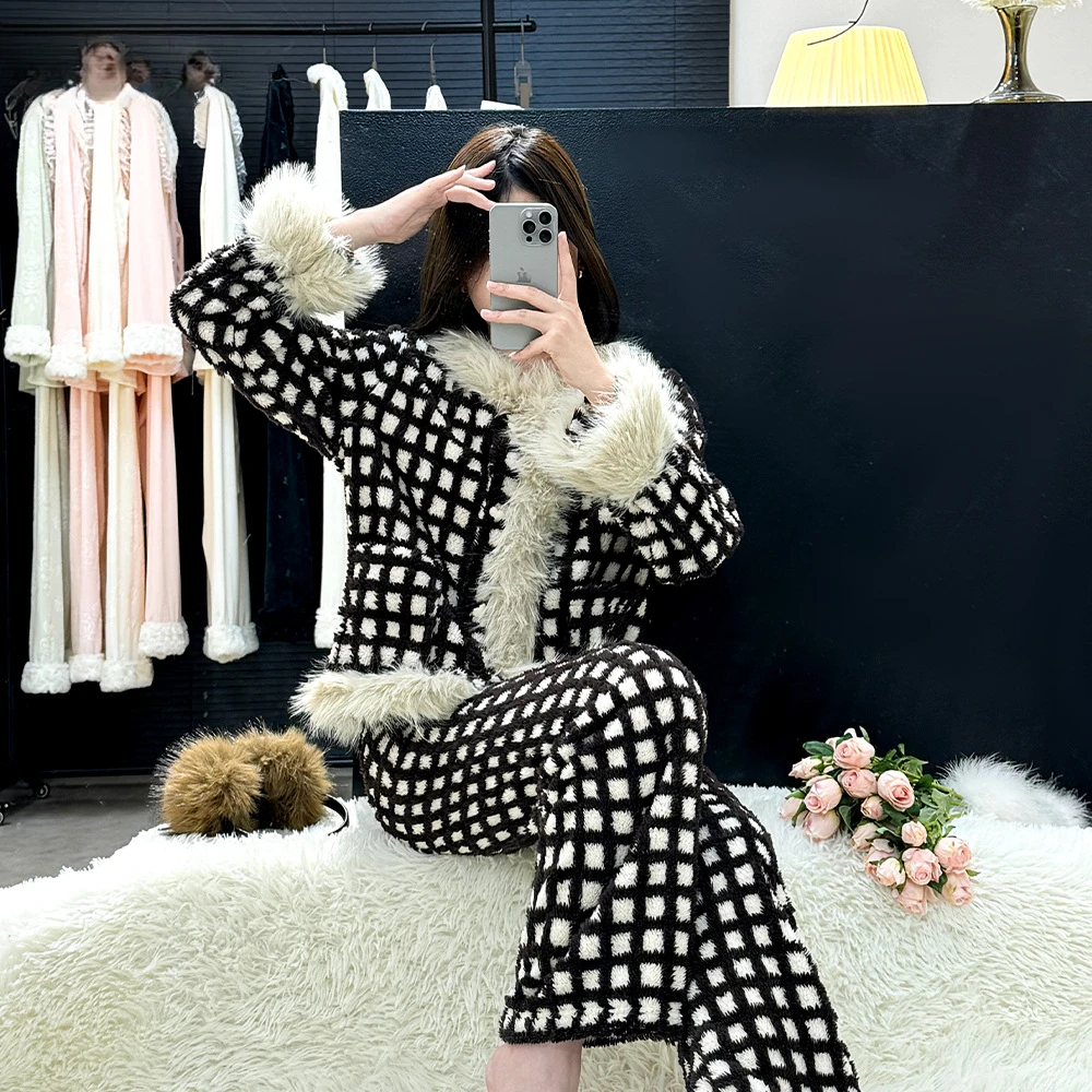 可外穿小香风撞色格子舒棉绒女家居服秋冬轻奢高级感加厚保暖睡衣