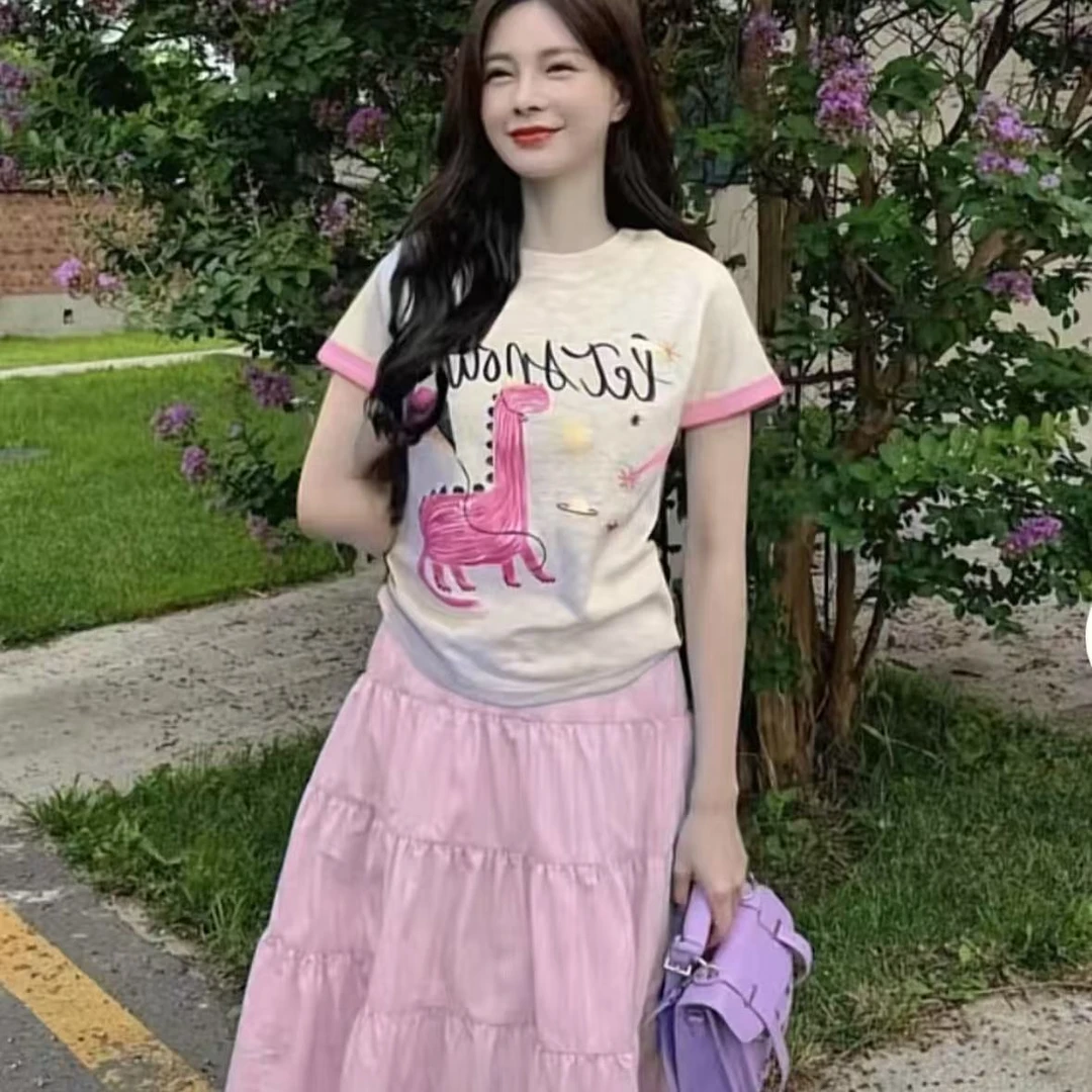 【多巴胺恐龙】复古撞色恐龙休闲显瘦洋气设计感夏季T恤.U035