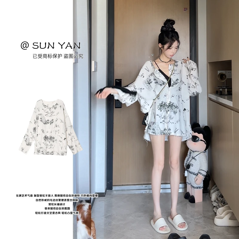 孙妍秋款【画伊甸衬衫】设计感毛边领口宽松长袖印花衬衫2025