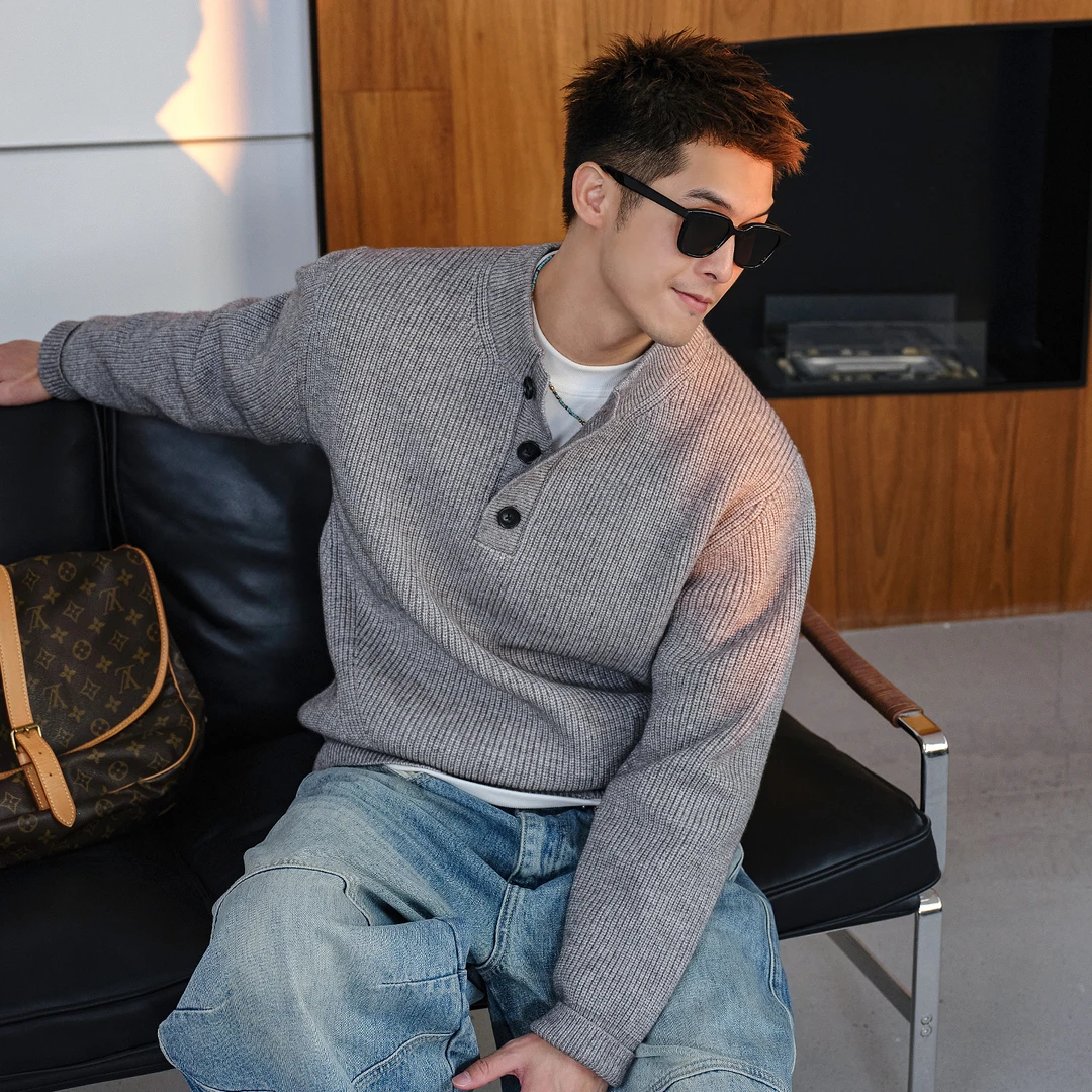 Aft studio750g混纺 亨利领灰色毛衣男秋冬大码男装休闲针织上衣