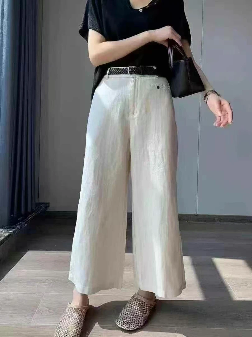 夏季通勤休闲百搭莱赛尔亚麻九分直筒女裤