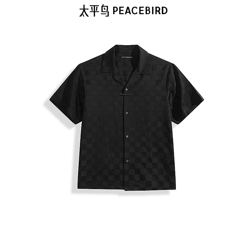 【商场同款】太平鸟男装 潮流休闲黑色格纹短袖衬衫男B1CJE2C04