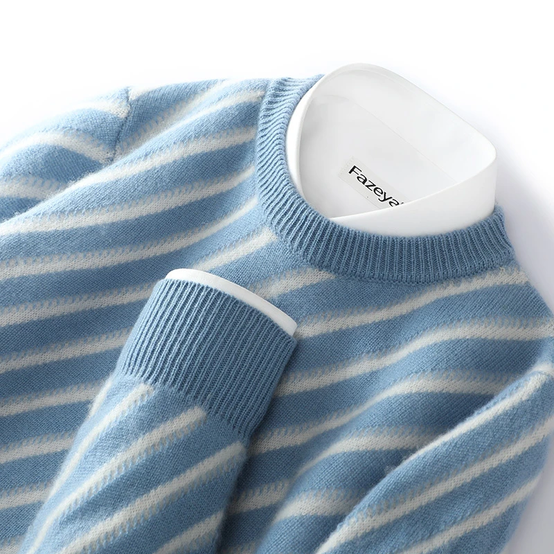 100%羊绒衫男士圆领加厚毛衣宽松羊绒衫复古青年拼色针织打底衫