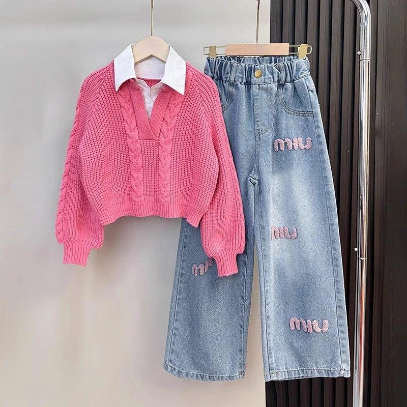 女童装新款毛衣套装加绒儿童2025春秋季时髦中大童冬女孩牛仔裤潮
