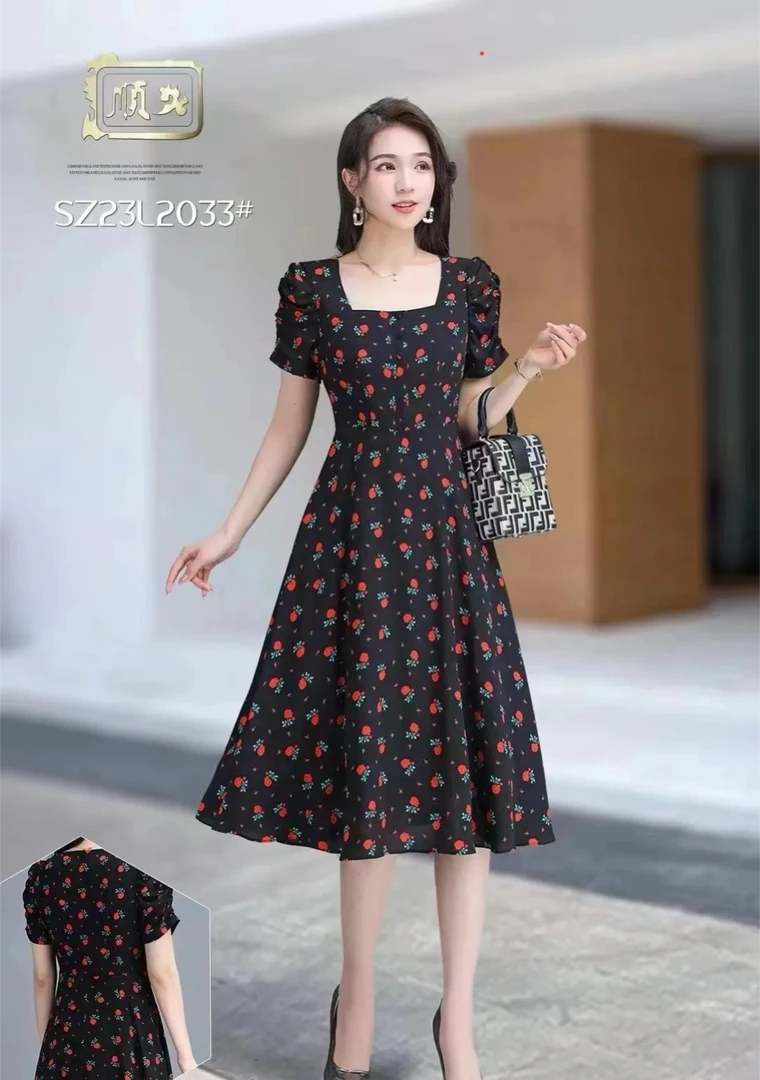 X8033连衣裙碎花显瘦时尚夏季小个子法式收腰气质