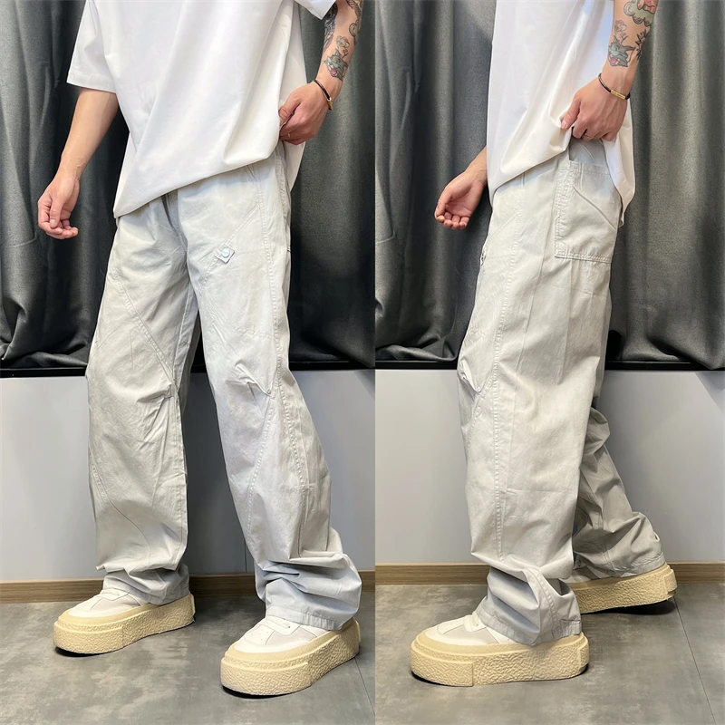 夏季新款美式潮流宽松阔腿弯刀裤痞帅百搭工装直筒垂感休闲长裤男