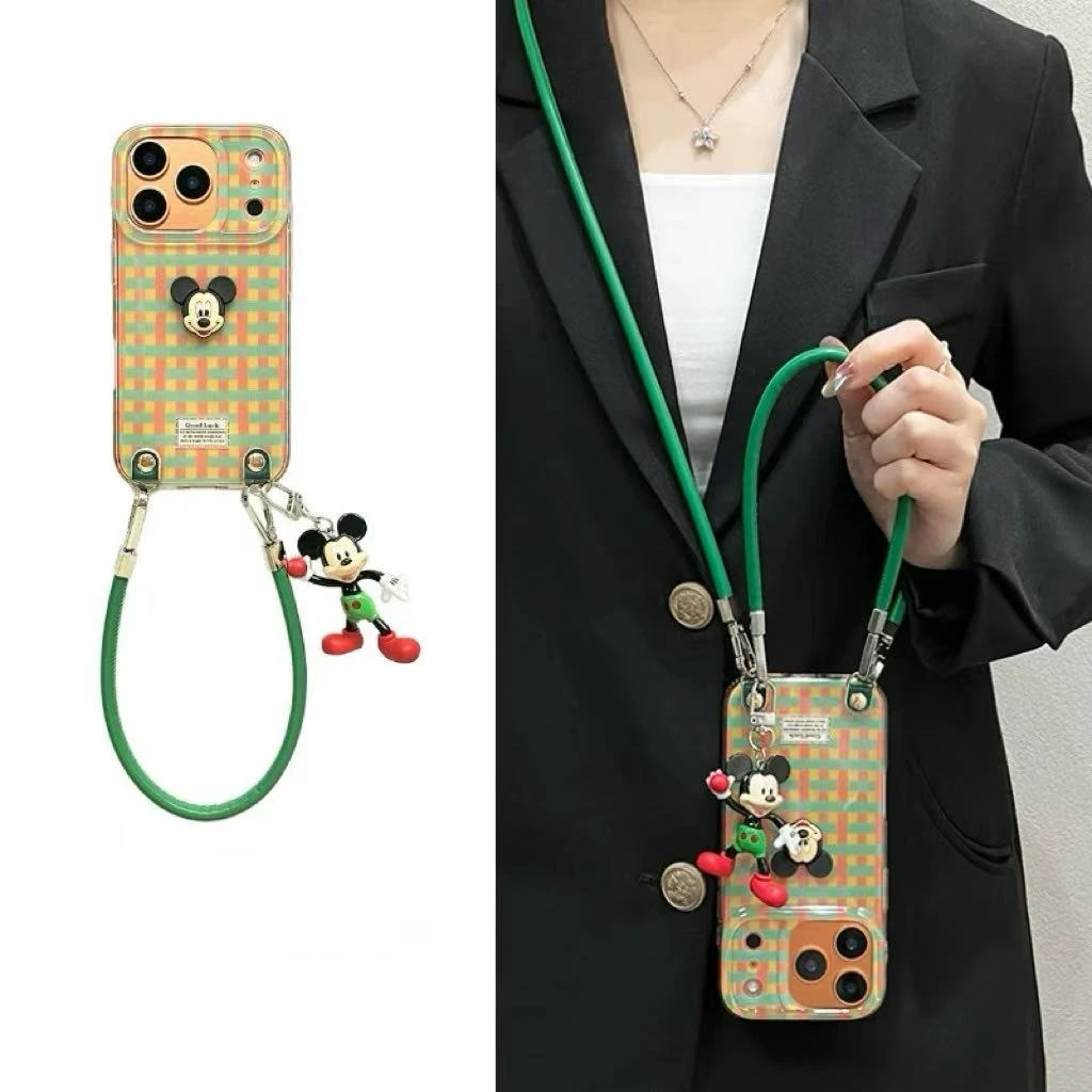 韩风橙绿黄格纹公仔手提适用苹果17promax手机壳iPhone16pro新15